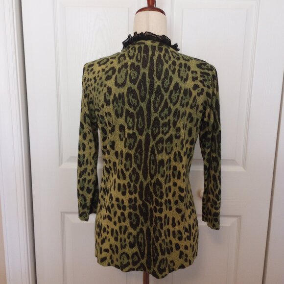 Awesome Green Black Animal Print Lurex Cardigan sz M Chiffon Ruffle Front - Picture 5 of 9
